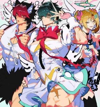 3boys angels_of_delusion animal_ears aria_(zenless_zone_zero) aria_(zenless_zone_zero)_(cosplay) black_hair black_nails black_thighhighs blonde_hair blush bow button_gap commentary_request cosplay crossdressing crossdressing_(mtf) dog_boy dog_ears fang footwear_bow frilled_skirt frills fur-trimmed_skirt fur_trim green_bow green_eyes green_hair hair_bow heart heart_hands heterochromia hugo_vlad komano_manato lighter_(zenless_zone_zero) looking_at_viewer mole mole_under_eye multiple_boys multiple_moles muscular muscular_male nangong_yu nangong_yu_(cosplay) neck_ribbon necktie one_eye_closed pectorals pink_bag pink_bow popped_button puffy_short_sleeves puffy_sleeves red_eyes red_hair red_necktie red_ribbon ribbon runa_(nori31291404) scar scar_across_eye scar_on_face scar_on_leg shirt short_sleeves skin_fang skirt sunglasses sunna_(zenless_zone_zero) sunna_(zenless_zone_zero)_(cosplay) thighhighs tight_clothes too_many_bows twintails v white_shirt winged_bag wrist_cuffs zenless_zone_zero