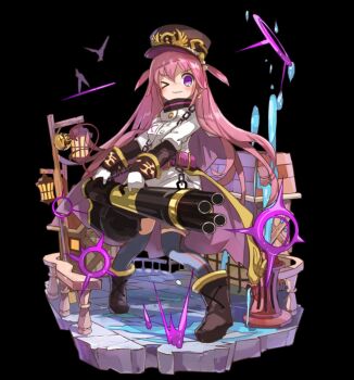 >_o 1girl belt black_background blush boots breasts brown_boots brown_hat closed_mouth coat fence full_body gatling_gun gloves grey_thighhighs gun hair_between_eyes hat highres holding holding_gun holding_weapon house lamppost long_hair medium_breasts meglatotte_(merc_storia) merc_storia merc_storia_art_team official_art one_eye_closed pigeon-toed pink_belt sidelocks simple_background solo standing stone_floor tachi-e thighhighs two_side_up very_long_hair water wavy_mouth weapon white_coat white_gloves