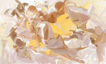 Rule 34 | 1girl, abstract background, absurdres, aglaea (honkai: star rail), ancient greek clothes, blonde hair, chess piece, chinese commentary, commentary request, dress, flower, garmentmaker (honkai: star rail), greco-roman clothes, green eyes, hair flower, hair ornament, highres, honkai: star rail, honkai (series), king (chess), mannequin, panni xing, queen (chess), sandals, second-party source, short hair, toes, white dress, yellow theme