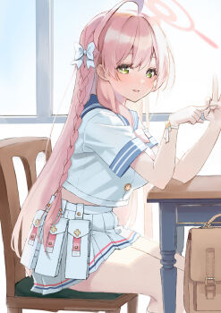 1girl absurdres ahoge blue_archive blue_sailor_collar blush bow braid breasts brown_bag chair day desk elbow_rest fingernails green_eyes hair_between_eyes hair_bow halo hanako_(blue_archive) highres indoors large_breasts long_hair nail_polish ok_sign open_mouth penetration_gesture pink_hair pink_halo pink_nails pleated_skirt pouch ribbon saibashi_(develop_komono) sailor_collar school_desk school_uniform serafuku short_sleeves sitting skirt smile solo thighs white_bow white_ribbon white_serafuku white_skirt window wrist_ribbon