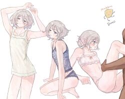 2boys babydoll bags_under_eyes black_eyes blush bra crossdressing crossdressing_(mtf) dark-skinned_male dark_skin dungeon_meshi elf grey_hair hair_bun highres kabru lingerie looking_at_viewer male_focus mchi125 mithrun multiple_boys multiple_scars multiple_views notched_ear open_mouth panties pointy_ears scar short_hair simple_background single_hair_bun singlet sitting trap underwear updo white_background yaoi