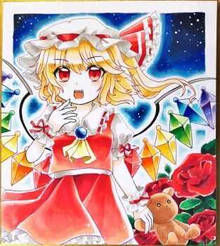 1girl absurdres ascot blonde_hair breasts brooch collared_shirt commentary_request crystal crystal_wings flandre_scarlet flower frilled_shirt_collar frilled_skirt frills hat hat_ribbon highres holding holding_stuffed_toy jewelry looking_at_viewer maa_(forsythia1729) mob_cap multicolored_wings one_side_up open_mouth puffy_short_sleeves puffy_sleeves red_eyes red_flower red_rose red_skirt red_vest ribbon ribbon-trimmed_collar ribbon_trim rose shikishi shirt short_sleeves skirt skirt_set small_breasts smile solo stuffed_animal stuffed_toy teddy_bear touhou traditional_media vest white_hat wings yellow_ascot