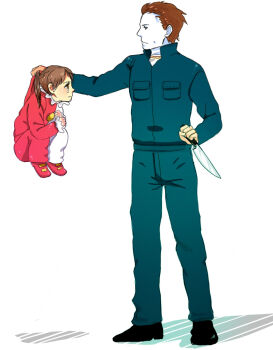 Rule 34 | 1boy, 1girl, age difference, blush, brown hair, clown costume, collar grab, crying, curled up, halloween (movie), jamie lloyd, judasboogie, lifting person, michael myers, neckwear grab, ponytail, red shoes, shoes, size difference, standing, uncle and niece, white background, white mask