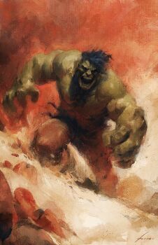 1boy absurdres avengers_(series) black_hair colored_skin day desert dust dust_cloud green_skin highres hulk marvel muscular muscular_male nature open_mouth outdoors rock running_towards_viewer sand short_hair viktor_farro western_comics_(style)