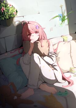 Rule 34 | 1girl, absurdres, ahoge, animal, barefoot, brick wall, cat, chinese commentary, claw mark, closed mouth, commentary, couch, effi2, expressionless, fish hair ornament, full body, glass, grey pajamas, hair ornament, hand up, highres, hugging object, indoors, knees up, long hair, long sleeves, looking at viewer, mask, off shoulder, on couch, original, pajamas, parted bangs, pillow, pink eyes, pink hair, plant, potted plant, print pajamas, shade, sitting, sleep mask, solo, stuffed animal, stuffed rabbit, stuffed toy, swept bangs, toes, unworn mask, water