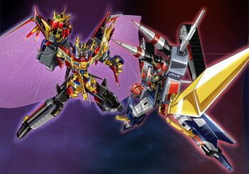 2boys acceptor armor commentary_request drill drill_tank energy_cape full_powered_gridman giant glowing gridknight_(ssss.gridman) gridman_(character) gridman_(ssss) gridman_universe headphones helmet highres holding holding_cannon holding_sword holding_weapon horns kaiser_gridknight looking_at_viewer mecha multiple_boys no_humans open_hand orange_eyes robot science_fiction shimashun shoulder_armor shoulder_cannon ssss.dynazenon ssss.gridman super_robot sword visor weapon wings