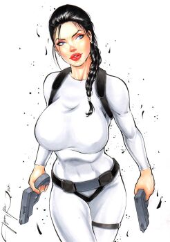 1girl bare_legs bare_shoulders belt bodysuit braid breasts brown_eyes brown_hair curvy fred_benes gun handgun highres lara_croft large_breasts lipstick long_hair looking_at_viewer makeup parted_lips pistol ponytail shiny_skin skin_tight solo tomb_raider weapon white_background white_bodysuit wide_hips