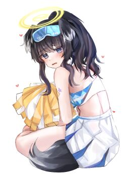 1girl animal_ears black_hair blue_archive blue_eyes blush cheerleader commentary_request dog_ears dog_girl dog_tail goggles goggles_on_head grill2010221 halo heart hibiki_(blue_archive) hibiki_(cheer_squad)_(blue_archive) holding holding_pom_poms long_hair looking_at_viewer millennium_cheerleader_outfit_(blue_archive) official_alternate_costume open_mouth pom_pom_(cheerleading) pom_poms simple_background skirt solo star_(symbol) star_sticker sticker sticker_on_arm sticker_on_face tail white_background yellow_halo
