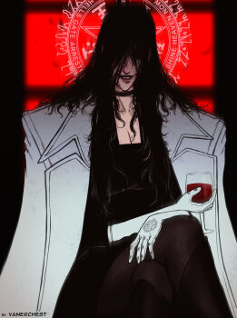 1girl alcohol alucard_(hellsing) black_dress black_hair boots breasts choker circle cleavage_cutout clothing_cutout cup dress drinking_glass female_focus formal_clothes genderswap genderswap_(mtf) gloves hair_over_eyes hellsing highres jacket jacket_on_shoulders large_breasts long_hair magic pantaloons pentagram smile smirk smug solo suit thighhighs threatening vampire very_long_hair white_gloves wine wine_glass