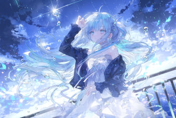 1girl arm_up bare_shoulders black_jacket blue_eyes blue_hair blue_sky cloud commentary_request dress grey_hair highres jacket long_hair multicolored_hair off_shoulder one_side_up onineko open_clothes open_jacket original outdoors railing sky solo strapless strapless_dress streaked_hair very_long_hair water water_drop white_dress