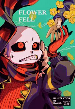 1boy 1other alternate_universe bad_id bad_pixiv_id black_jacket black_scarf clenched_teeth copyright_name film_grain fingernails flower flowerfell frisk_(undertale) frown fur-trimmed_jacket fur_trim gloves gold_teeth green_background hand_up highres inactive_account jacket kansou_(kanso_1) long_sleeves looking_at_another looking_up male_focus open_clothes open_jacket puffy_long_sleeves puffy_sleeves red_eyes red_gloves red_scarf red_sweater ribbed_sweater sans_(undertale) scarf sharp_teeth simple_background skeleton solo_focus striped_clothes striped_scarf sweat sweater teeth turtleneck turtleneck_sweater twitter_username two-tone_scarf undertale utdr_(toby_fox) watermark yellow_flower yellow_petals