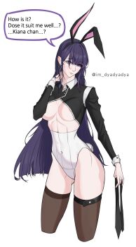 Rule 34 | 1girl, absurdres, animal ears, areola slip, black shrug, black thighhighs, breasts, commentary, covered navel, cropped legs, dated commentary, dyadyadya, earrings, english text, fake animal ears, highres, honkai (series), honkai impact 3rd, jewelry, large breasts, leotard, looking at viewer, playboy bunny, purple eyes, purple hair, rabbit ears, raiden mei, shrug (clothing), simple background, solo, speech bubble, thighhighs, thighs, typo, white background, white leotard