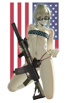 Rule 34 | 1girl, aac honey badger, absurdres, ahoge, american flag, american flag bikini, american flag print, bikini, blonde hair, breast suppress, breasts, flag print, flag print bikini, gun, highres, holding, holding gun, holding weapon, kneeling, nail polish, navel, original, print bikini, puto trash, ribs, suppressor, swimsuit, weapon