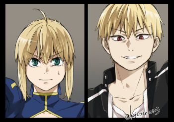 1boy 1girl ahoge aqua_eyes artoria_pendragon_(fate) blush braid commentary_request fate/stay_night fate_(series) gilgamesh_(fate) gilgamesh_(immoral_biker_jacket)_(fate) grin highres long_hair moonlight_0423 red_eyes saber_(fate) sidelocks smile split_screen sweatdrop twitter_username very_long_hair