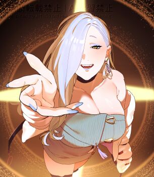 1girl absurdres bare_shoulders blue_lips blush breasts choker cleavage dress earrings eyeliner fate/grand_order fate_(series) grey_dress hair_over_one_eye highres hiyayaako hoop_earrings jacket jewelry large_breasts long_hair long_sleeves looking_at_viewer makeup mrs._snake_(fate) off_shoulder open_mouth outstretched_arm smile solo sweater sweater_dress tassel thigh_strap thighs white_hair white_jacket yellow_eyes