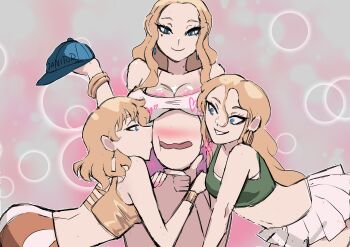 1boy 3girls absurdres ass barbara_(biku) bare_shoulders baseball_cap bella_(biku) biku blue_eyes blue_hat blush bra bra_peek breast_on_head breast_rest breasts breasts_on_head cleavage earrings hat highres hoop_earrings janitor jewelry kiss kissing_cheek large_breasts long_hair mole mole_under_eye multiple_girls navel original pink_bra pink_nails priss_(biku) purple_skirt short_hair skirt striped_clothes striped_skirt tank_top underwear unworn_hat unworn_headwear wavy_hair white_skirt white_tank_top