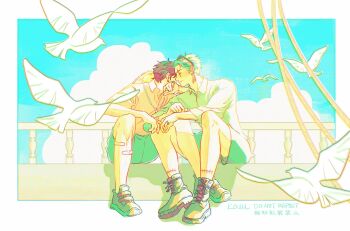 2boys bandaid bandaid_on_leg bird black_hair blue_sky border closed_eyes cloud cloudy_sky collared_shirt commentary_request earrings full_body green_hair hat highres jewelry kouu_kunn leaning_on_person male_focus monkey_d._luffy multiple_boys multiple_earrings one_piece outside_border ring roronoa_zoro scar scar_across_eye scar_on_face shirt short_hair shorts sitting sky stitched_leg stitches straw_hat unworn_hat unworn_headwear white_bird white_border