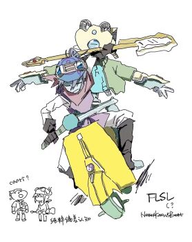 1girl 1other bass_guitar blue_skin canti canti_(cosplay) closed_eyes clothed_robot colored_skin commentary_request cosplay flcl gloves goggles goggles_on_head haruhara_haruko haruhara_haruko_(cosplay) highres holding holding_bass_guitar holding_instrument humanoid_robot instrument motor_vehicle on_scooter purple_hair robot scooter simple_background slay_the_spire soccerobsidian the_defect_(slay_the_spire) the_watcher_(slay_the_spire) vespa white_background