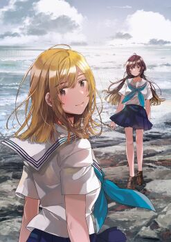 2girls absurdres ahoge blonde_hair blue_neckerchief blue_skirt blush brown_footwear closed_mouth collarbone commentary_request crossed_bangs expressionless fly_(marguerite) gradient_hair grey_eyes highres hoshi_takasora loafers long_hair looking_at_viewer looking_back miniskirt mizuike_umi multicolored_hair multiple_girls neckerchief official_art pleated_skirt sailor_collar school_uniform second-party_source serafuku shirt shoes short_sleeves sidelocks skirt smile standing watashi_no_hatsukoi_aite_ga_kiss_shiteta white_sailor_collar white_shirt