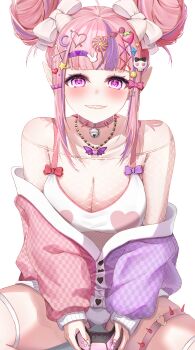 1girl absurdres blush bodystocking bone_hair_ornament bow breasts candy_hair_ornament cleavage collar crescent crescent_hair_ornament double_bun fishnet_bodystocking fishnets food-themed_hair_ornament hair_bow hair_bun hair_ornament handheld_game_console highres holding holding_handheld_game_console ironmouse ironmouse_outfit_art_contest jacket large_breasts long1130 long_hair looking_at_viewer multicolored_hair multicolored_jacket o-ring o-ring_thigh_strap pink_bow pink_collar pink_eyes pink_hair pink_jacket pointy_ears purple_hair purple_jacket rabbit_hair_ornament shirt solo spiked_collar spikes star_(symbol) star_hair_ornament strawberry_hair_ornament streaked_hair thigh_strap two-tone_jacket virtual_youtuber vshojo white_bow white_shirt x_hair_ornament