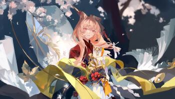 1girl alternate_costume animal_ears branch cherry_blossoms flower hair_between_eyes hair_ornament highres japanese_clothes kimono liulianjingrua long_hair looking_at_viewer official_alternate_costume original parted_lips petals pink_flower pink_hair red_eyes sash smile solo tree upper_body