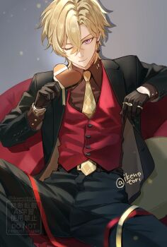 Rule 34 | 1boy, armchair, aventurine (honkai: star rail), belt, black belt, black gloves, black jacket, black pants, blonde hair, box, box of chocolates, brown shirt, chair, closed mouth, commentary request, costume request, earrings, gloves, hair between eyes, heart-shaped box, highres, holding, holding box, honkai: star rail, honkai (series), ikenotori, jacket, jewelry, long sleeves, looking at viewer, male focus, neck tattoo, necktie, on chair, one eye closed, open clothes, open jacket, pants, pink eyes, plaid clothes, plaid necktie, red vest, ring, shirt, short hair, single earring, sitting, solo, tattoo, valentine, vest, watch, watermark, wristwatch, yellow necktie