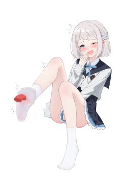Rule 34 | 1boy, 1girl, absurdres, bare legs, blue bow, blue bowtie, blue eyes, blue skirt, blush, bow, bowtie, collared shirt, disembodied tongue, eyelashes, feet, gakuen idolmaster, grey hair, han (hehuihuihui), hand up, highres, idolmaster, katsuragi lilja, legs, licking, licking foot, long sleeves, looking at viewer, medium hair, miniskirt, no shoes, one eye closed, open mouth, school uniform, shirt, simple background, skirt, socks, soles, toes, white background, white socks