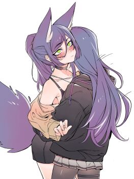 2girls animal_ear_fluff animal_ears black_bra black_choker black_hoodie blush bra choker closed_mouth extra_ears fox_ears fox_tail green_eyes hair_between_eyes highres hood hoodie hug jewelry kakult2017 ksp_(vtuber) long_hair meridian_project miniskirt multiple_girls necklace off_shoulder pantyhose parted_lips pleated_skirt ponytail purple_hair seki_(vtuber) simple_background skirt standing stiff_tail tail thigh_strap underwear virtual_youtuber white_background