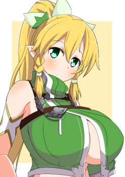 1girl bad_id bad_pixiv_id bare_shoulders blonde_hair blush border braid breasts elf female_focus green_eyes hair_ornament highres huge_breasts leafa_(sao) long_hair looking_at_viewer naruse_mai no_bra outside_border pointy_ears ponytail shirt simple_background smile solo sword_art_online sword_art_online:_hollow_realization underboob upper_body white_border
