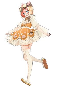 1girl absurdres animal_ear_hairband animal_ears blue_eyes bow bowtie brown_bow brown_bowtie cat_ear_hairband cat_ears cross-shaped_pupils dress facial_mark fake_animal_ears flats frilled_dress frilled_shoes frilled_sleeves frilled_thighhighs frills full_body goggles goggles_on_head hairband heart heart_facial_mark highres identity_v kaga_haru leg_up lolita_fashion lolita_hairband looking_at_viewer looking_back multicolored_dress orange_dress orange_hair orange_shoes print_dress puffy_sleeves running see-through_clothes see-through_sleeves shirt shoes short_hair slip-on_shoes solo sweet_lolita symbol-shaped_pupils thighhighs tracy_reznik tracy_reznik_(candy_girl) white_background white_shirt zettai_ryouiki