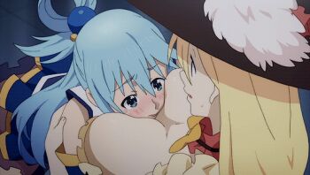 2girls animated animated_gif aqua_(konosuba) between_breasts blonde_hair blue_hair blush breasts bursting_breasts darkness_(konosuba) huge_breasts kono_subarashii_sekai_ni_shukufuku_wo! multiple_girls