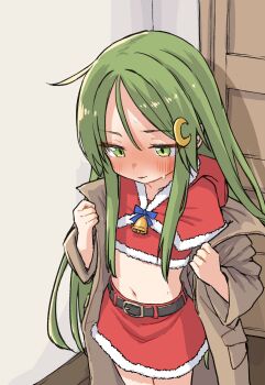 1girl absurdres alternate_costume bell belt blush capelet christmas closed_mouth coat commentary crescent crescent_hair_ornament flat_chest fur-trimmed_skirt fur_trim green_eyes green_hair hair_between_eyes hair_ornament highres hood hood_down hooded_capelet jingle_bell kantai_collection loli long_hair midriff nagatsuki_(kancolle) navel nose_blush open_clothes open_coat pok_(pok_0002) red_capelet red_skirt santa_costume sidelocks skirt solo sweat symbol-only_commentary