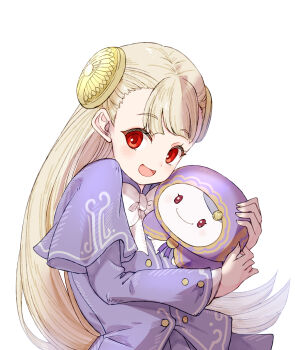 1girl :d blonde_hair blush bow bowtie character_doll commentary doll hairpods highres holding holding_doll ingrid_(capcom) long_hair long_sleeves looking_at_viewer monoid_(street_fighter) open_mouth red_eyes simple_background smile solo street_fighter street_fighter_6 tomoe_takenari upper_body white_background white_bow white_bowtie
