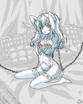 1girl bdsm blush bondage bound bridal_lingerie bridal_veil bride celia_claire chain chained chained_wrists commentary_request corset dress embarrassed gem highres lingerie long_hair long_sidelocks looking_at_viewer navel on_bed partially_colored pearl_(gemstone) restrained seirei_gensouki sidelocks solo thighhighs underwear underwear_only veil very_long_sidelocks wedding_dress wing_sheep_yeah