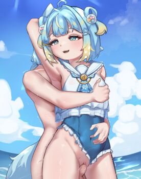 1boy 1girl belly blue_eyes blue_hair blush blush_stickers cloud cloudy_sky commission erection fish_hair_ornament frills hair_ornament hand_on_another&#039;s_chest highres jahe_png motion_blur motion_lines multicolored_hair navel ocean one_eye_closed open_mouth penis penny_puffball pussy re:loop! sex short_hair sky solo swimsuit tail vaginal virtual_youtuber water x_hair_ornament