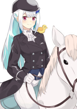 1girl absurdres alternate_costume animal animal_on_shoulder aqua_hair ascot bird bird_on_shoulder black_coat black_hat blush breasts bridle buttons closed_mouth coat colored_inner_hair commentary_request cowboy_shot double-breasted gloves hair_ornament hat highres holding holding_reins horseback_riding lapels lize_helesta long_hair long_sleeves looking_at_viewer monocle multicolored_hair nijisanji notched_lapels pants pocket_square ponytail purple_eyes reins riding riding_outfit saddle sebastian_piyodore sidelocks simple_background sleeve_cuffs small_breasts smile tailcoat very_long_hair viet_(yomi0556) virtual_youtuber white_ascot white_background white_gloves white_hair white_horse white_pants yellow_bird