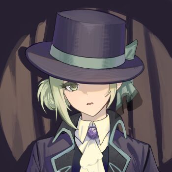 Rule 34 | 1girl, absurdres, ascot, blue bow, boater hat, bow, brooch, brown background, coat, collared shirt, curtains, grey eyes, grey hair, hair bun, hashtag-only commentary, hat, hat bow, hat over one eye, highres, jewelry, lbkei, looking at viewer, one eye covered, open mouth, portrait, purple coat, purple hat, reverse:1999, shadow, shirt, short hair, single side bun, solo, spotlight, straight-on, vertin (reverse:1999), white ascot, white shirt