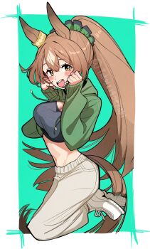 1girl :d animal_ears blush border commentary_request ear_ornament green_background green_shrug highres horse_ears horse_girl jumping midriff open_mouth pants ponytail satono_diamond_(umamusume) shoes shrug_(clothing) smile sneakers solo takuan_(taku1219oekaki) tank_top toned toned_female umamusume upper_body white_border white_pants white_shoes yellow_eyes