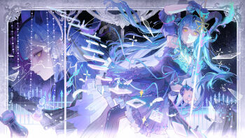 1girl absurdres arknights arm_up bang_dream! bang_dream!_it&#039;s_mygo!!!!! black_dress black_gloves black_horns black_pantyhose black_ribbon blue_hair border breasts chess_piece closed_mouth crf curled_horns detached_collar dress feathers floating_hair floating_stairs frilled_dress frills glass_shards gloves hair_ribbon highres holding holding_sword holding_weapon horns long_hair looking_at_viewer medium_breasts multiple_views ornate_border pantyhose profile ribbon sidelocks single_glove standing sword togawa_sakiko togawa_sakiko_(master_of_melodia) two_side_up weapon wrist_cuffs yellow_eyes