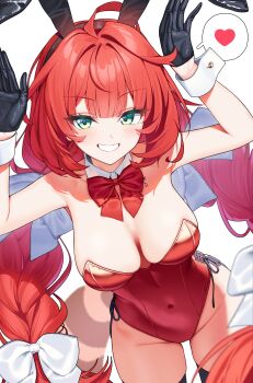 Rule 34 | 1girl, absurdres, alternate costume, animal ears, arms up, bare shoulders, black gloves, black thighhighs, bow, bowtie, braid, breasts, breasts apart, covered navel, cowboy shot, detached collar, fake animal ears, gloves, green eyes, grin, hair bow, heart, highres, large breasts, leotard, long hair, looking at viewer, playboy bunny, rabbit ears, raccoon tail, red bow, red bowtie, red hair, red leotard, simple background, smile, solo, spoken heart, strapless, strapless leotard, surps, tail, thighhighs, twin braids, ukinami yuzuha, very long hair, white background, white bow, wrist cuffs, zenless zone zero