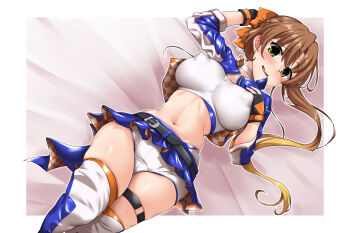 1girl akigumo_(kancolle) akigumo_kai_ni_(kancolle) akigumo_kai_ni_(race_queen)_(kancolle) bandeau belt black_gloves blonde_hair blue_jacket blush breasts brown_hair checkered_clothes covered_erect_nipples cropped_jacket gloves green_eyes hair_ribbon highres impossible_clothes jacket kantai_collection large_breasts long_hair midriff multicolored_gloves multicolored_hair navel official_alternate_costume partially_fingerless_gloves race_queen ribbon shorts shorts_under_skirt sweat thighhighs thighs two-tone_hair white_bandeau white_shorts yoshi_tama