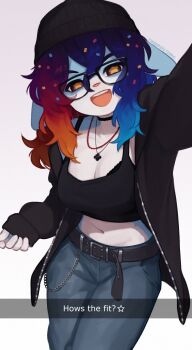 1girl animal_ears artist_name belt black-framed_eyewear black_belt black_choker black_hat black_jacket blue_hair breasts choker cowboy_shot cupcake_(yoako) denim glasses hat highres jacket jeans jewelry large_breasts long_sleeves multicolored_hair navel necklace open_clothes open_jacket orange_hair original pants purple_hair rabbit_ears rabbit_girl red_hair smile solo stomach yoako