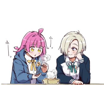 2girls :o ahoge black_jacket blonde_hair blowing_on_food blue_jacket blunt_bangs blush closed_mouth collared_shirt commentary_request dress_shirt food green_ribbon grey_eyes hair_over_one_eye hood hooded_jacket jacket kishimen_hair letterman_jacket long_sleeves looking_at_another looking_at_viewer loose_neck_ribbon love_live! love_live!_nijigasaki_high_school_idol_club medium_hair mia_taylor multiple_girls neck_ribbon nijigasaki_school_uniform one_eye_covered open_clothes open_jacket pink_hair ribbon sansensui school_uniform shirt short_hair simple_background smile takoyaki tennoji_rina white_background white_shirt winter_uniform