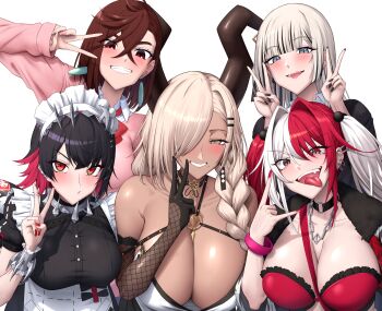 5girls apron ayase_momo azur_lane bare_shoulders black_dress black_hair black_shirt blunt_bangs blush bra braid breasts brown_gloves brown_hair chain chain_necklace choker cleavage collar collared_shirt colored_inner_hair crossed_bangs dandadan dark-skinned_female dark_skin dress earrings elbow_gloves ellen_joe fate/grand_order fate_(series) fur_collar gloves grey_eyes grin hair_between_eyes hair_bobbles hair_ornament hair_over_one_eye hairband highres horns jacket jewelry kasai_seira large_breasts long_hair long_sleeves looking_at_viewer low_twin_braids maid_headdress matsunaga_hisahide_(fate) metal_collar metal_hairband multicolored_hair multiple_girls necklace open_mouth owari_(azur_lane) pink_hair pink_sweater puffy_short_sleeves puffy_sleeves red_bra red_eyes red_hair red_jacket shiroshisu shirt short_hair short_sleeves smile sono_bisque_doll_wa_koi_wo_suru spiked_headband split-color_hair sweater tongue tongue_out twin_braids twintails underwear voice_actor_connection waist_apron wakayama_shion white_apron white_bra white_hair white_shirt white_sleeves wide_sleeves wrist_cuffs zenless_zone_zero