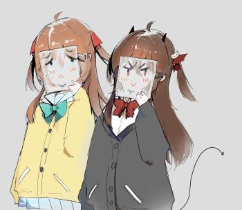 2girls ahoge aqua_bow aqua_bowtie black_cardigan blue_eyes blue_sailor_collar blue_skirt bow bowtie broken_heart broken_heart_hair_ornament brown_hair cardigan closed_mouth collared_shirt commentary covering_face cowboy_shot crying crying_with_eyes_open demon_girl demon_horns demon_tail drawing_(object) evil_neuro-sama frown grey_background hair_between_eyes hair_ornament hair_ribbon hand_up heart heart_hair_ornament highres horns long_hair long_sleeves miniskirt multiple_girls neuro-sama nostyx_x off-shoulder_cardigan pleated_skirt raised_eyebrows red_bow red_bowtie red_eyes red_ribbon ribbon sailor_collar shirt siblings simple_background sisters skirt sleeves_past_wrists smile symbol-only_commentary tail tears twins two_side_up v-shaped_eyebrows vedal_ai white_shirt