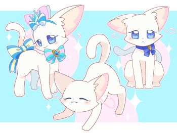 1girl :3 ^_^ animal_collar animal_ear_hairband animal_ears animal_focus aqua_bow aqua_bowtie blue_background blue_bow blue_crown blue_eyes blue_hairband blush border bow bowtie brooch cat cat_ear_hairband cat_ears closed_eyes closed_mouth collar commentary cosplay crown cure_nyammy cure_nyammy_(cosplay) dot_nose english_commentary fake_animal_ears full_body hairband heart heart_brooch heart_in_eye highres jewelry kuro_(user_uwrm3742) letterboxed looking_at_viewer mini_crown multicolored_bow multiple_views nekoyashiki_yuki nekoyashiki_yuki_(cat) no_humans outline pink_outline precure self_cosplay single_ear_down smile sparkle sparkle_background stretching striped_bow striped_bowtie striped_clothes symbol_in_eye tail tail_bow tail_ornament tilted_headwear white_border white_cat white_fur wonderful_precure!