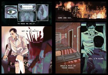 3boys armpit_hair black_hair black_shirt black_shorts blood blood_splatter brown_hair burning censored close-up couch crossed_legs english_text grin gun hand_on_another's_shoulder highres holding holding_gun holding_weapon house intruder_(no_i'm_not_a_human) male_focus mosaic_censoring multiple_boys no_i'm_not_a_human on_couch primfourtwo protagonist_(no_i'm_not_a_human) shirt short_hair shorts sitting smile bar_guy_(no_i'm_not_a_human) teeth topless_male weapon white_shirt