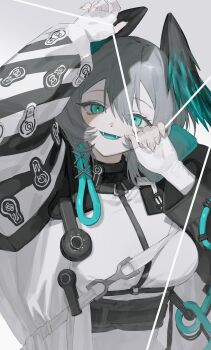 1girl aqua_eyes aqua_tongue arknights breasts dress fangs fingerless_gloves gloves grey_background grey_hair hair_between_eyes hands_up head_wings highres ho&#039;olheyak_(arknights) holding holding_string large_breasts long_sleeves looking_at_viewer mumukyabi open_mouth short_hair simple_background smile solo string upper_body white_dress white_gloves wings