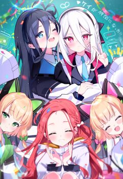 Rule 34 | 5girls, animal ear headphones, animal ears, aris (blue archive), black hair, black hairband, blazer, blonde hair, blue archive, blue eyes, blue necktie, blush, blush stickers, cat ear headphones, cat ears, chalkboard, closed eyes, closed mouth, commentary request, confetti, facing viewer, fake animal ears, felnemo, forehead, game development department (blue archive), green eyes, hair between eyes, hairband, headphones, highres, jacket, kei (blue archive), kei (new body) (blue archive), lens flare, long bangs, long hair, looking at viewer, midori (blue archive), momoi (blue archive), multiple girls, necktie, one eye closed, open clothes, open jacket, open mouth, red eyes, red hair, ringed eyes, school uniform, short hair, smile, v, v-shaped eyebrows, white hair, white jacket, yuzu (blue archive)