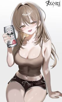 1girl armpit_crease asahi_breweries bare_arms bare_shoulders beer_can black_shorts breasts brown_eyes brown_hair brown_shirt camisole can chiromi cleavage collarbone crop_top dolphin_shorts drawstring drink_can fang hand_up highres holding holding_can indie_virtual_youtuber large_breasts long_hair looking_at_viewer midriff mole mole_under_eye navel open_mouth shirt short_shorts shorts simple_background sitting sleeveless sleeveless_shirt smile solo spaghetti_strap stomach taut_clothes taut_shirt thighs virtual_youtuber white_background